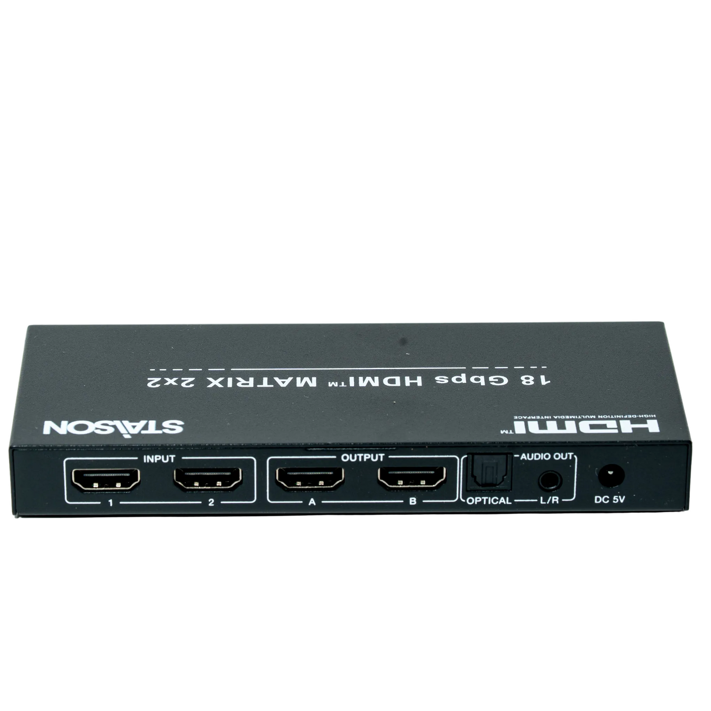 HDMI matrix switch with multiple ports on a white background