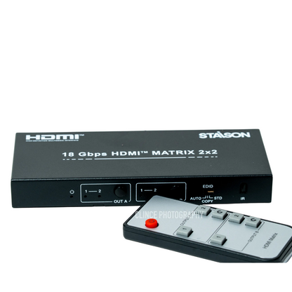 HDMI matrix switcher with remote control on a white background