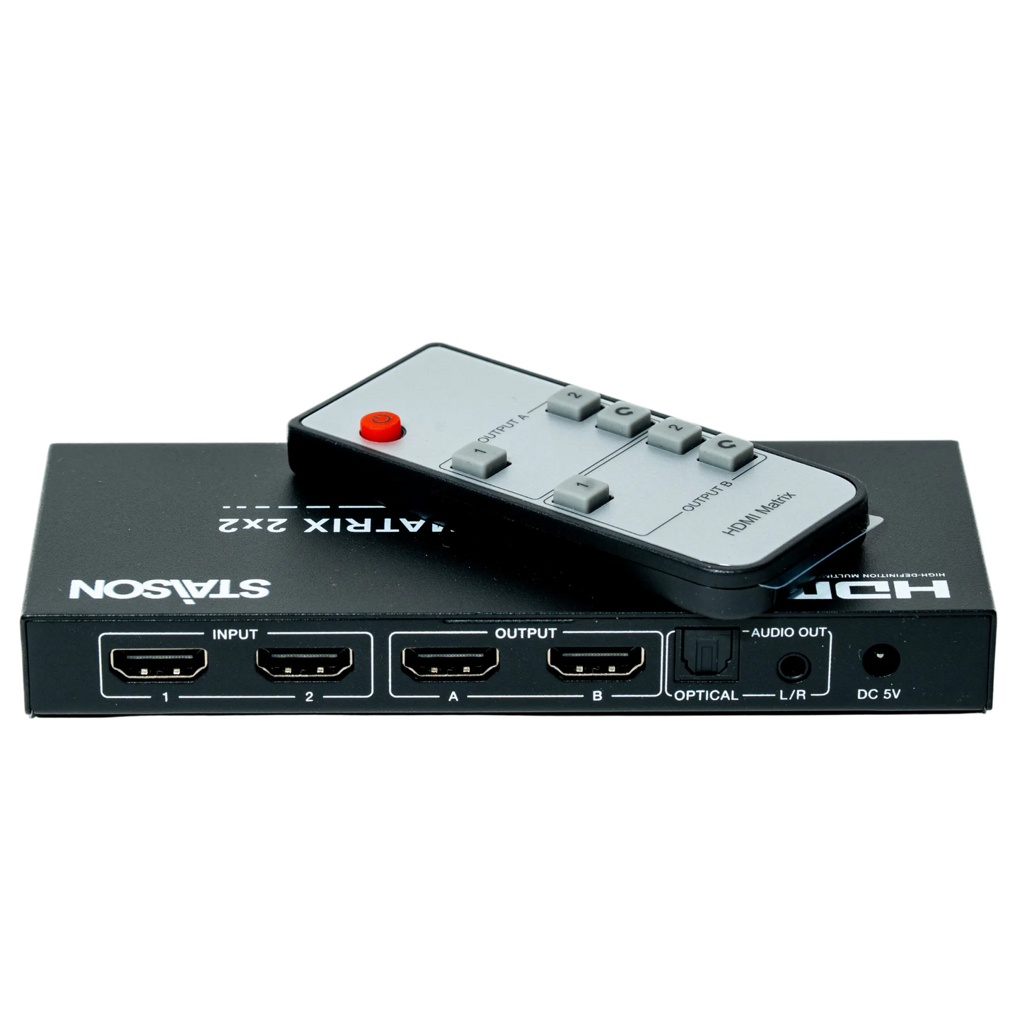 HDMI switcher with remote control on a white background
