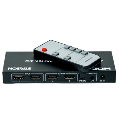 HDMI switcher with remote control on a white background
