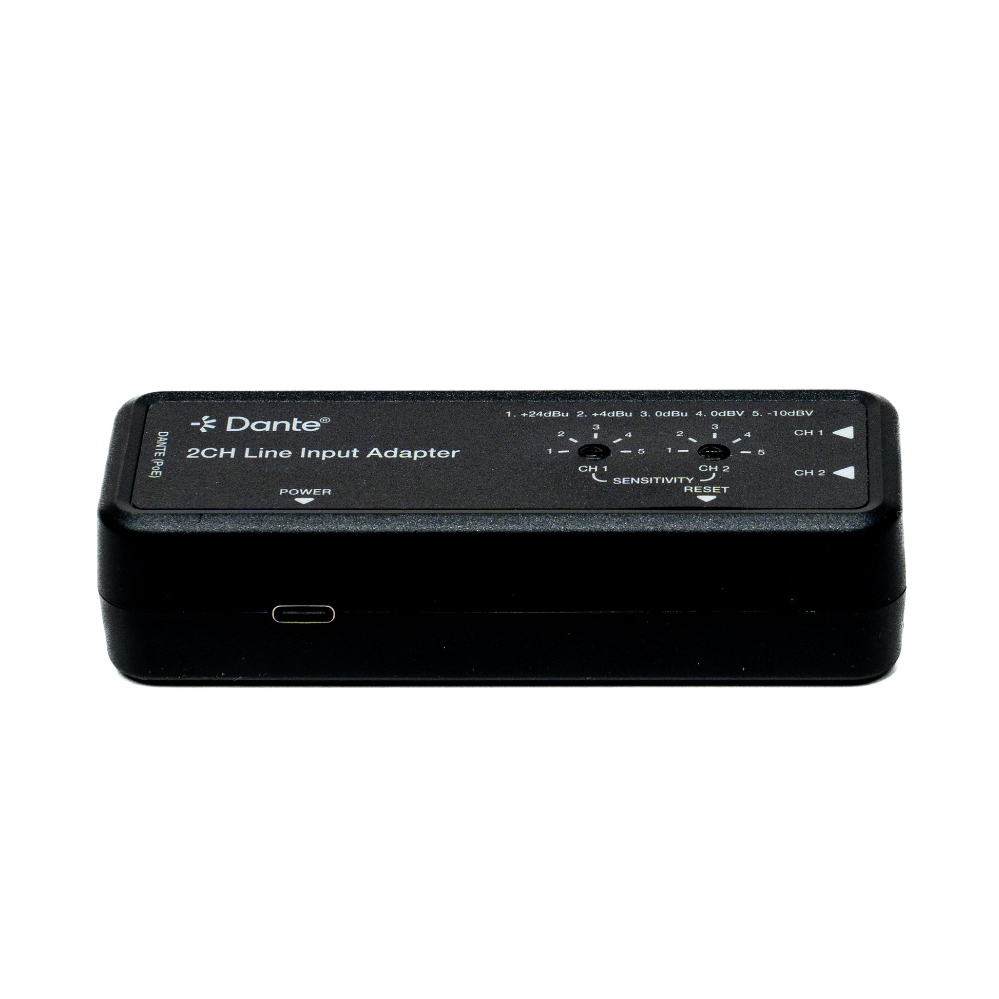 Black 2CH Line Input Adapter with Dante logo on a white background