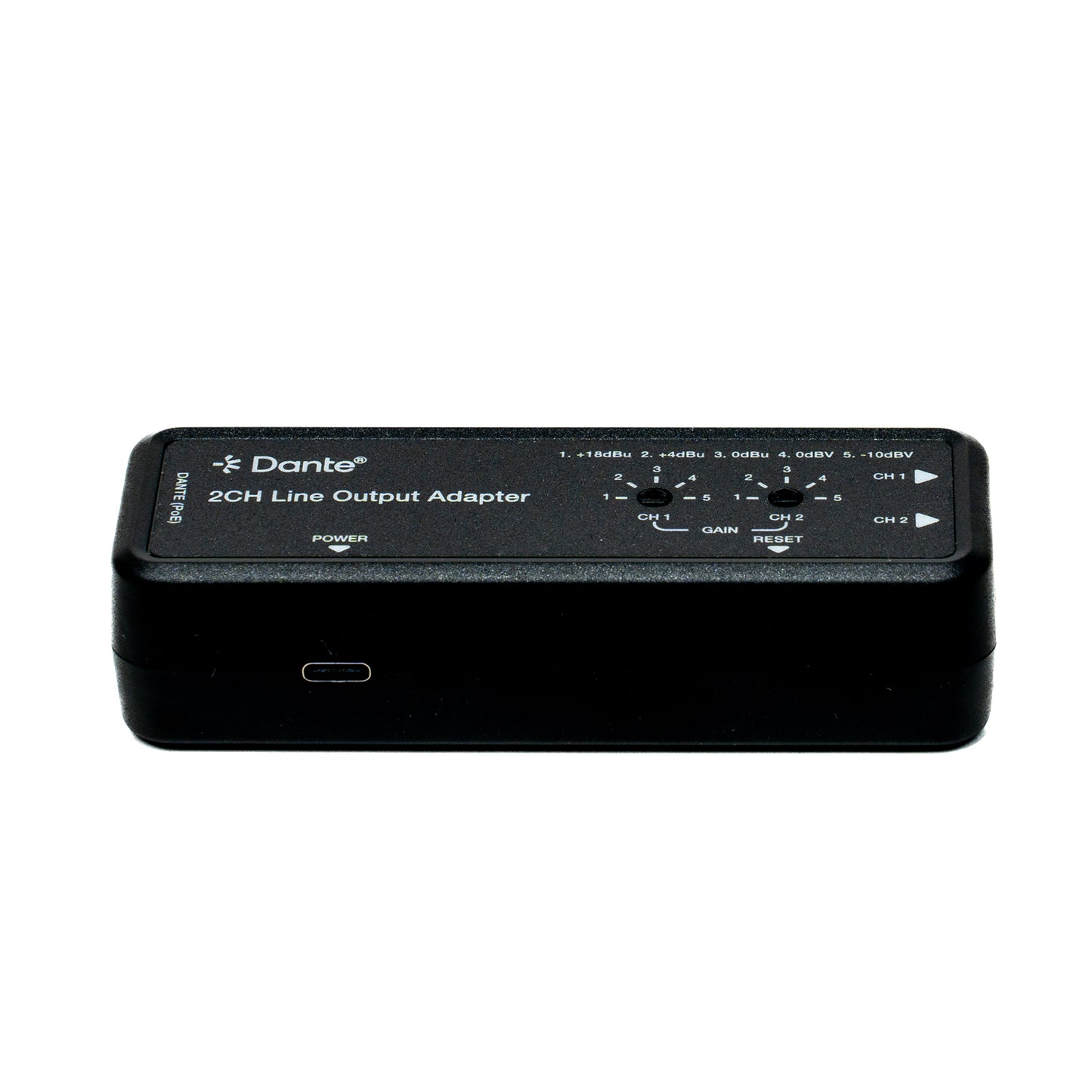 Black 2CH Line Output Adapter with Dante branding on a white background