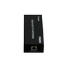 Black USB audio to network adapter with branding on a white background