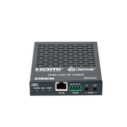 Black electronic device with HDMI and SDVoE  decoder with staison branding on a white background