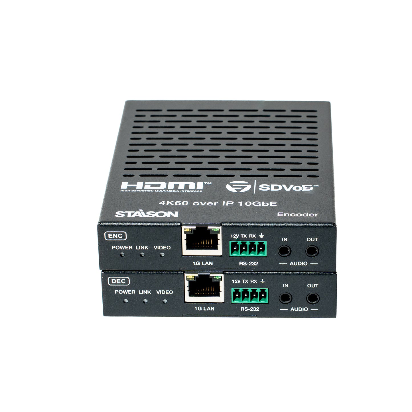 HDMI to SDVoE encoder with multiple ports on a white background