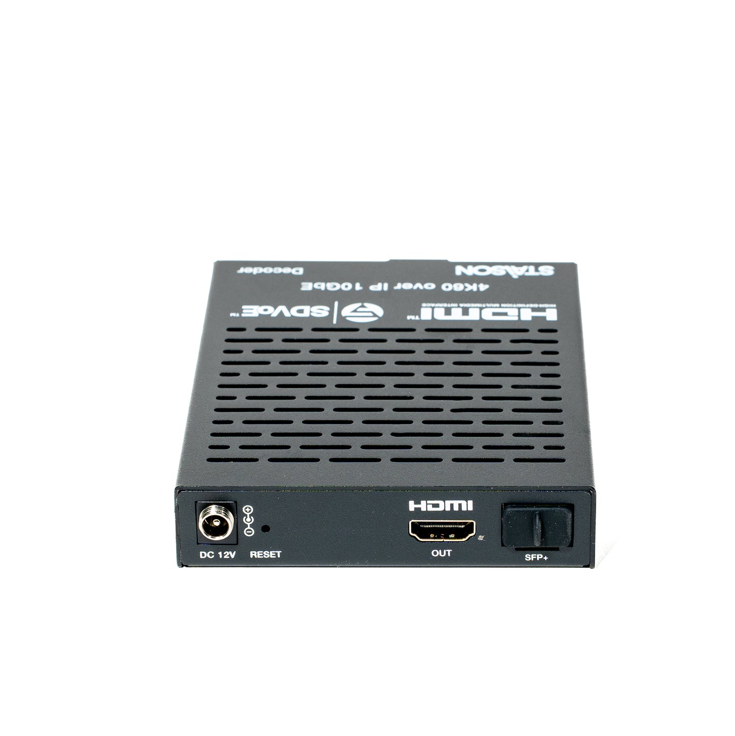 Black electronic device with labeled ports on a white background