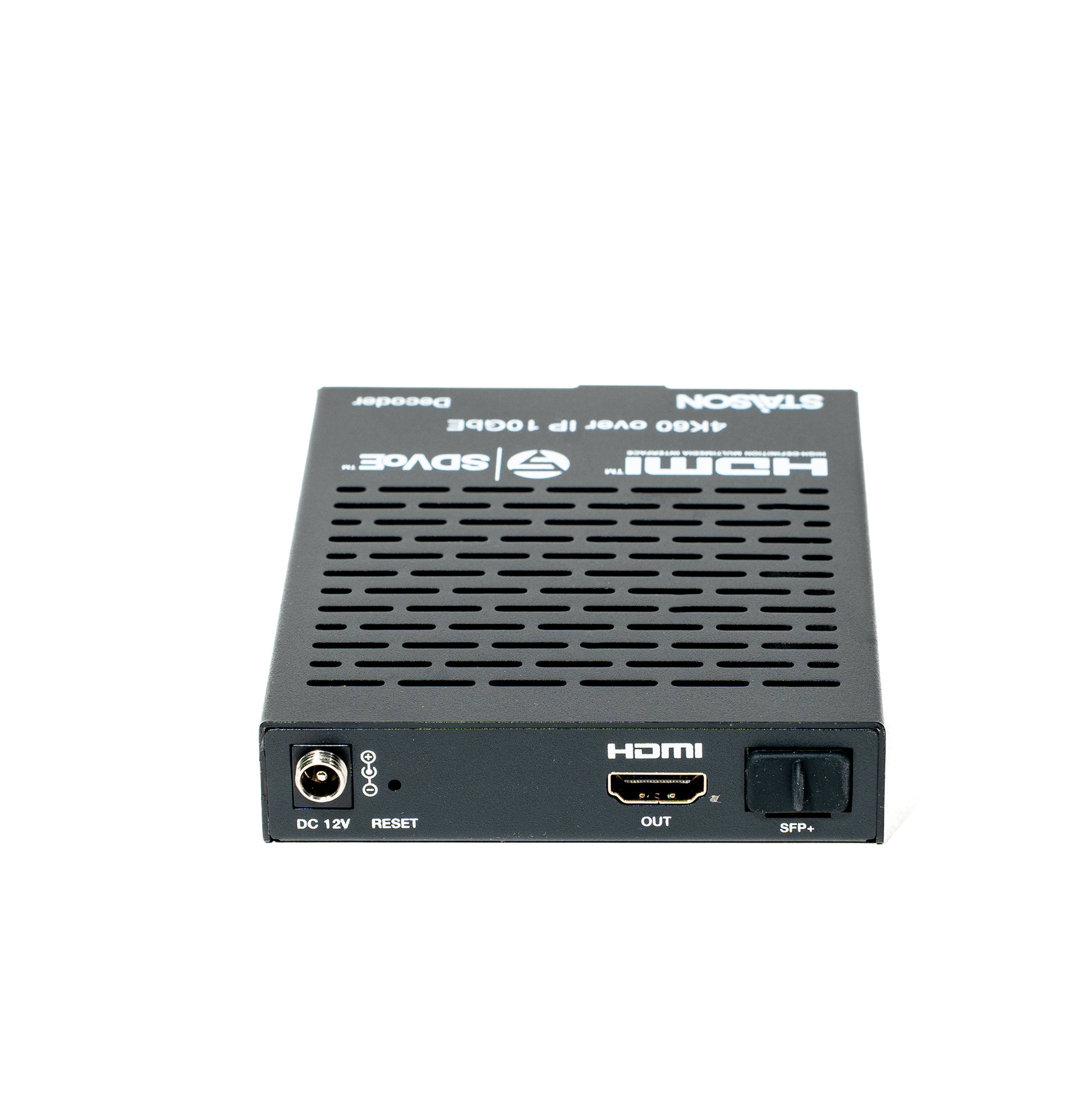 Black electronic device with labeled ports on a white background