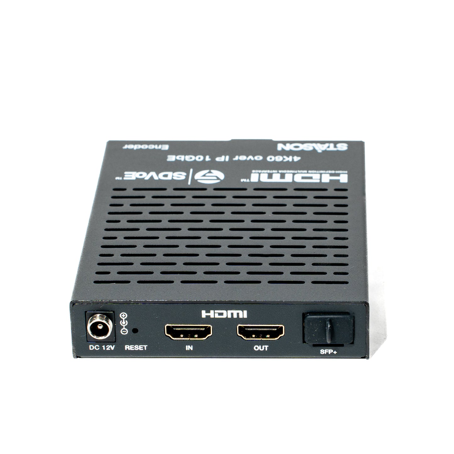 HDMI device with ports and labels on a white background