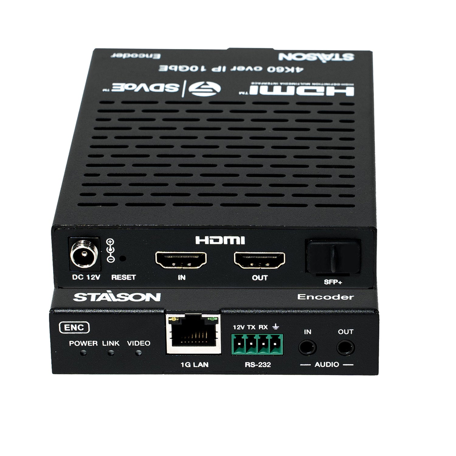 Black Staison encoder with HDMI and network connectivity on a white background