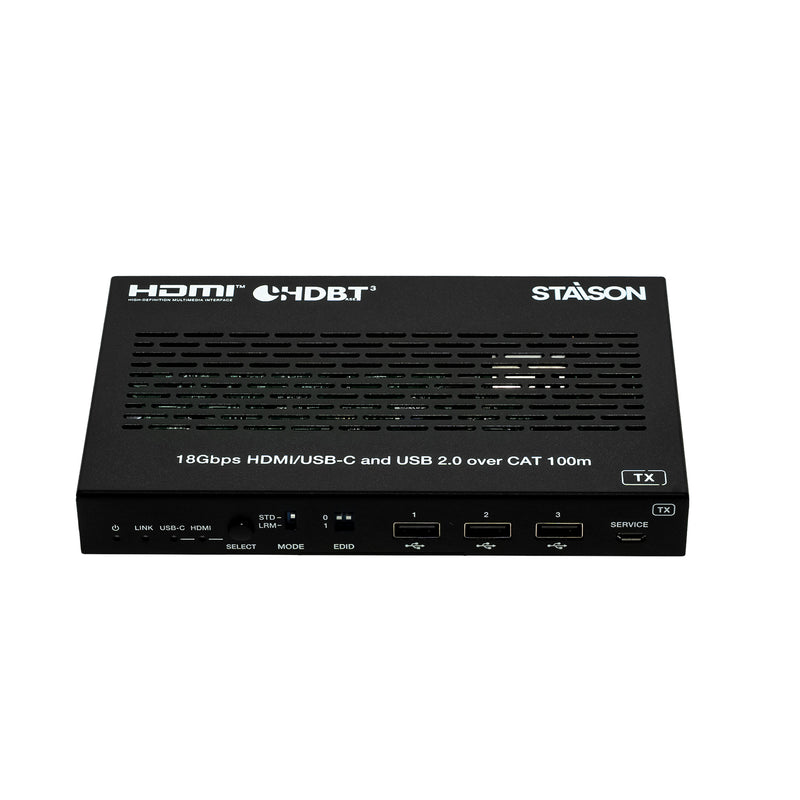 Black electronic device with 'HDMI', 'HDBT', and 'STAISON' branding on a white background