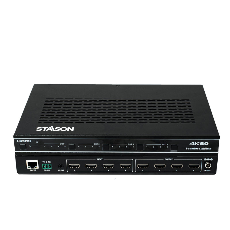 staison branded 4K60 Matrix device  contain multiple HDMI input and output ports on a white background 