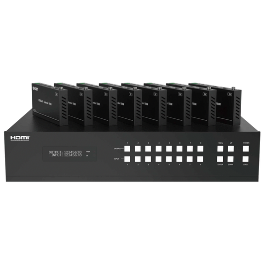  Product image of ST-NMXB88H150 HDBaseT Matrix 18Gbps 8x8 with multiple HDMI inputs and outputs.