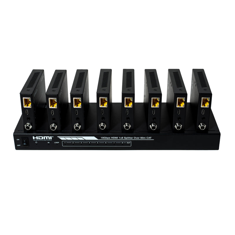 HDMI splitter with multiple ports on a white background 