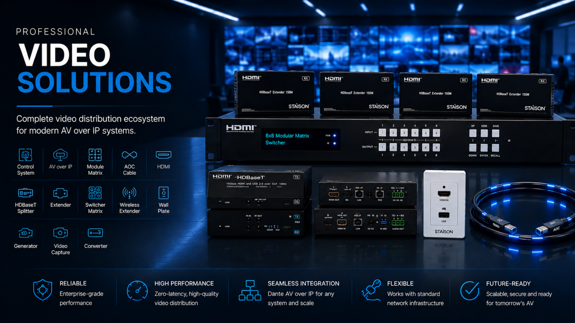 Professional video solutions with equipment and text on a dark background